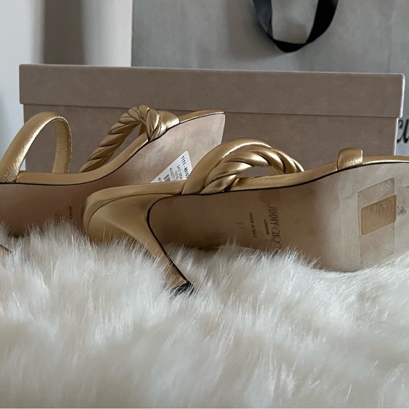 NWT  Jimmy Choo Diosa Gold Metallic Three Band Stiletto Heel Sandals - Picture 9 of 11